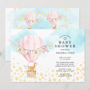 Baby Animals Hot Air Balloon Baby Girl Shower Invitation