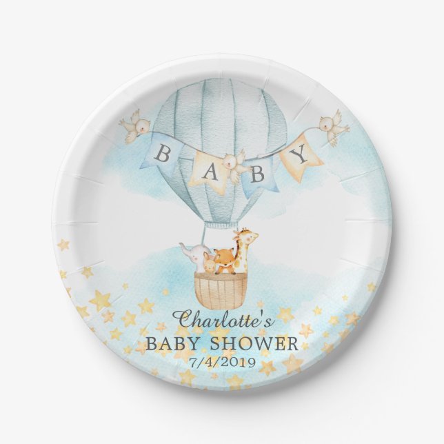 Baby Animals Hot Air Balloon Baby Shower 7" Plate (Front)