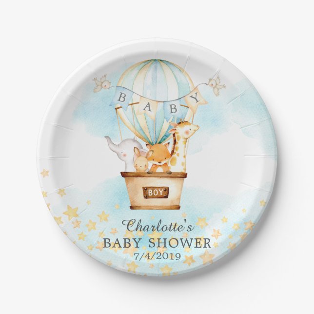 Baby Animals Hot Air Balloon Baby Shower 7" Plate (Front)