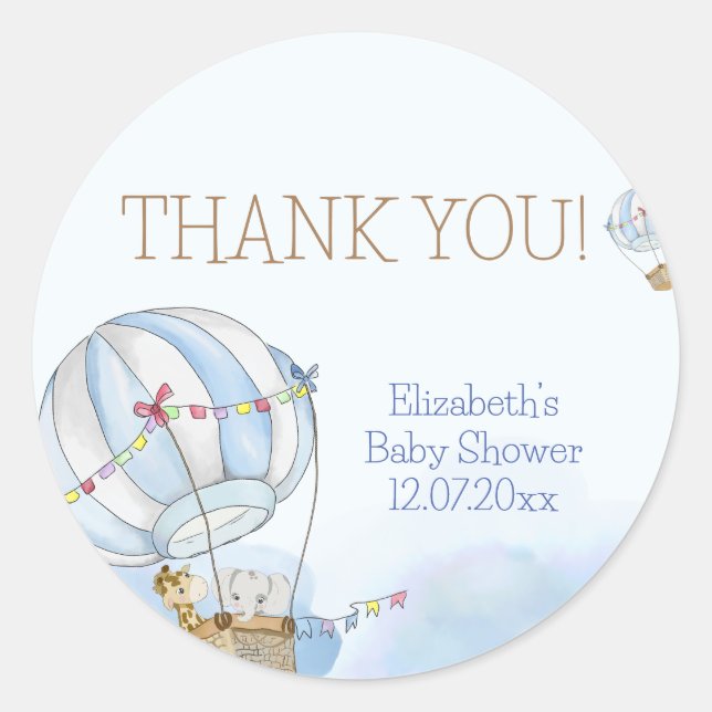Baby Animals Hot Air Balloon Baby Shower Classic Round Sticker (Front)
