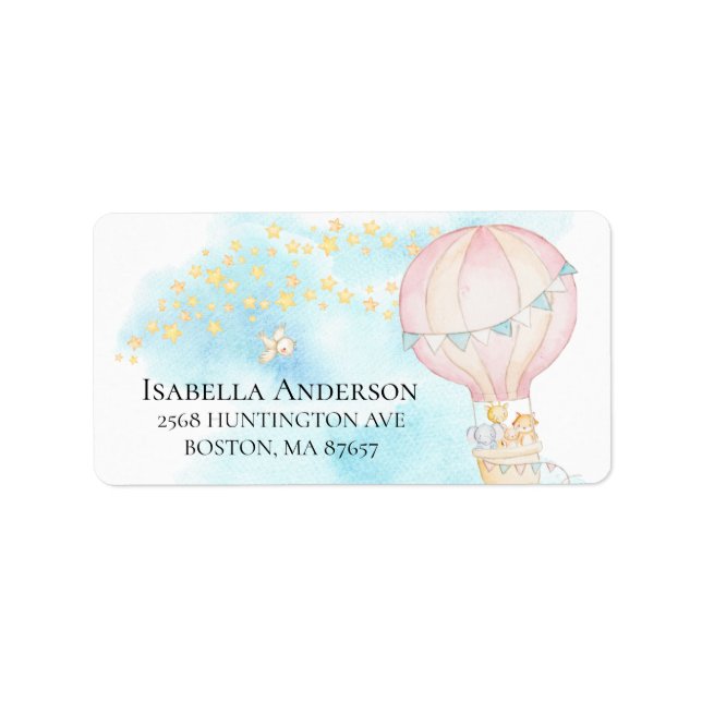 Baby Animals Hot Air Balloon Baby Shower Label (Front)