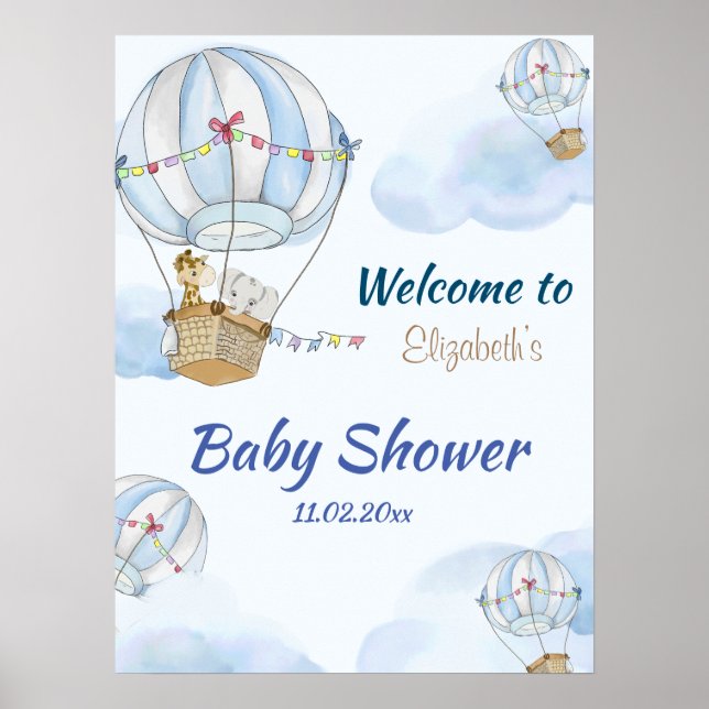Baby Animals Hot Air Balloon Baby Shower  Poster (Front)