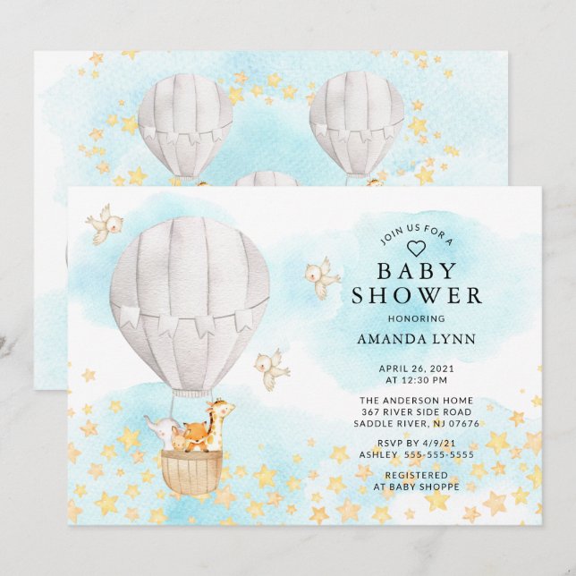 Baby Animals Hot Air Balloon Neutral Baby Shower Invitation (Front/Back)