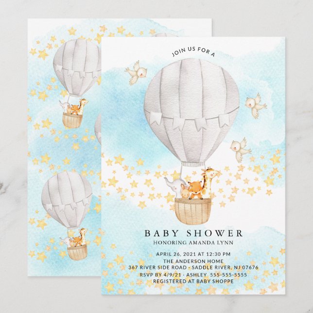 Baby Animals Hot Air Balloon Neutral Baby Shower Invitation (Front/Back)