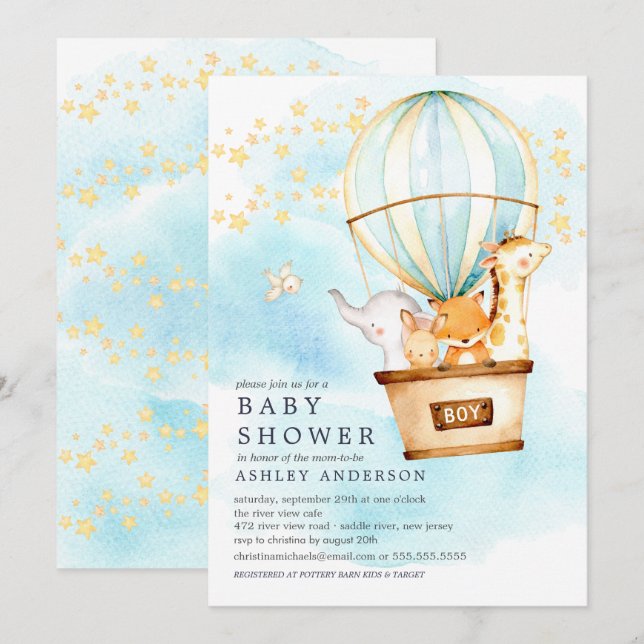 Baby Animals Hot Air Balloon Ride Baby Boy Shower Invitation (Front/Back)