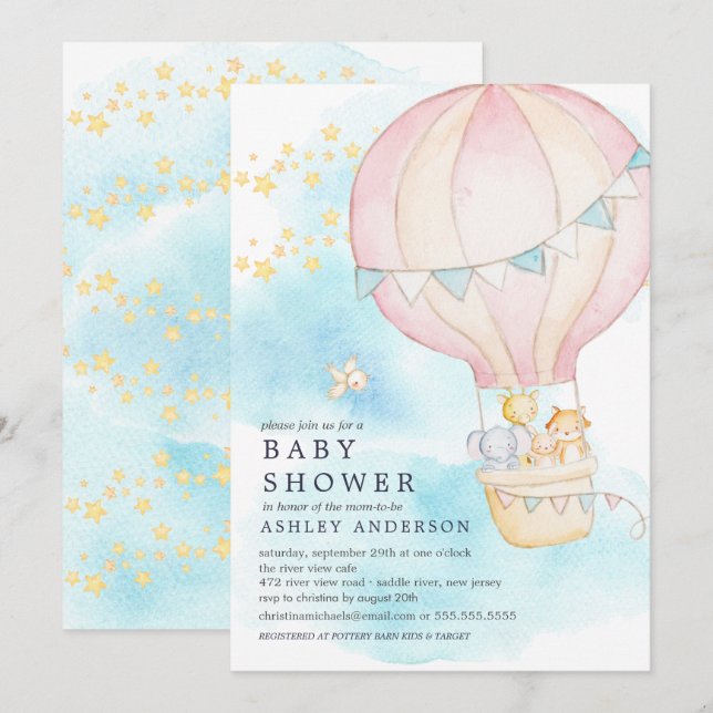 Baby Animals Hot Air Balloon Ride Baby Girl Shower Invitation (Front/Back)