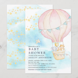 Baby Animals Hot Air Balloon Ride Baby Girl Shower Invitation