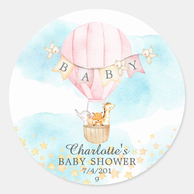Baby Animals Hot Air Balloon Ride Baby Shower Classic Round Sticker (Front)