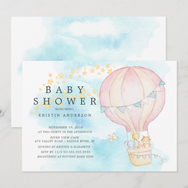 Baby Animals Hot Air Balloon Ride  Baby Shower Invitation (Front/Back)