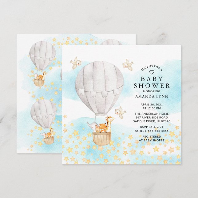 Baby Animals Hot Air Balloon Ride Baby Shower Invitation (Front/Back)