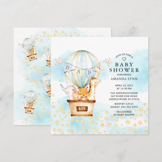 Baby Animals Hot Air Balloon Ride Boys Baby Shower Invitation (Front/Back)