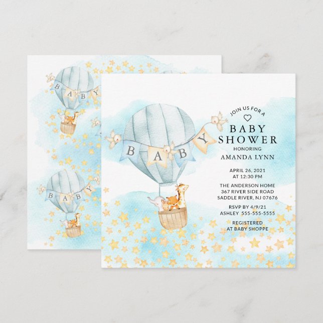 Baby Animals Hot Air Balloon Ride Boys Baby Shower Invitation (Front/Back)