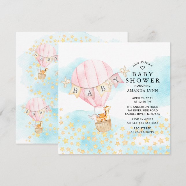 Baby Animals Hot Air Balloon Ride Girl Baby Shower Invitation (Front/Back)