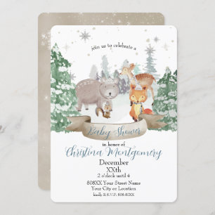 Baby Animals in a White Woodland Winter Forest Invitation