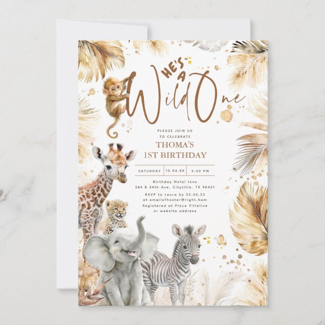 Baby Animals Jungle Safari Wild One 1st Birthday Invitation (Front)