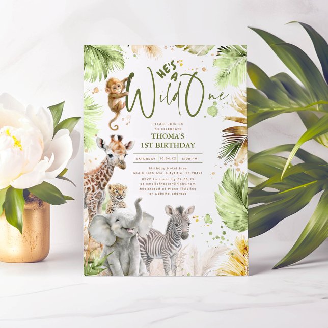 Baby Animals Jungle Safari Wild One 1st Birthday Invitation (Safari Animals Wild One 1st Birthday Invitations)
