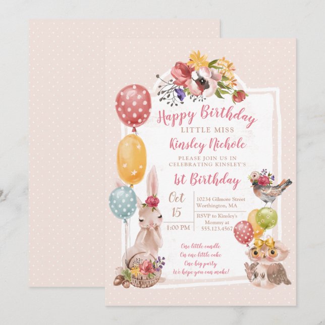 Baby Animals Little Girl Polka Dots Birthday Party Invitation (Front/Back)