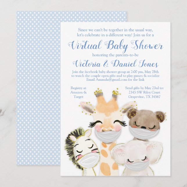 Baby Animals Mask Drive By Covid Baby Shower Invitation (Front/Back)