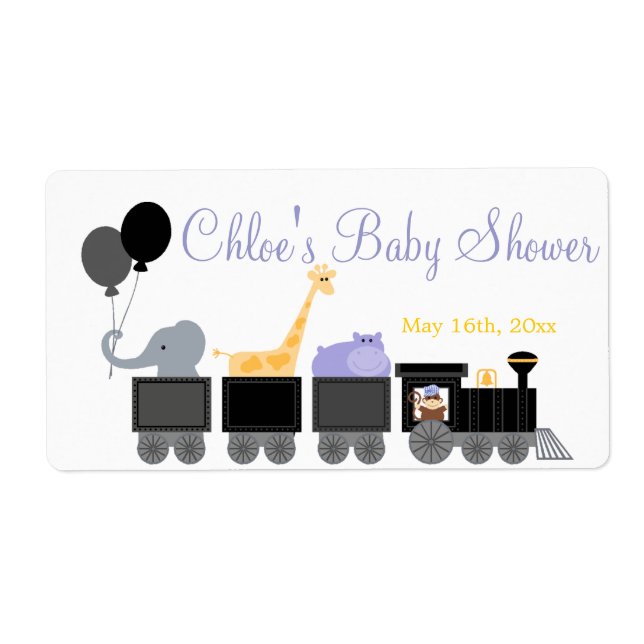 Baby Animals On A Train Baby Shower Bottle Labels (Front)