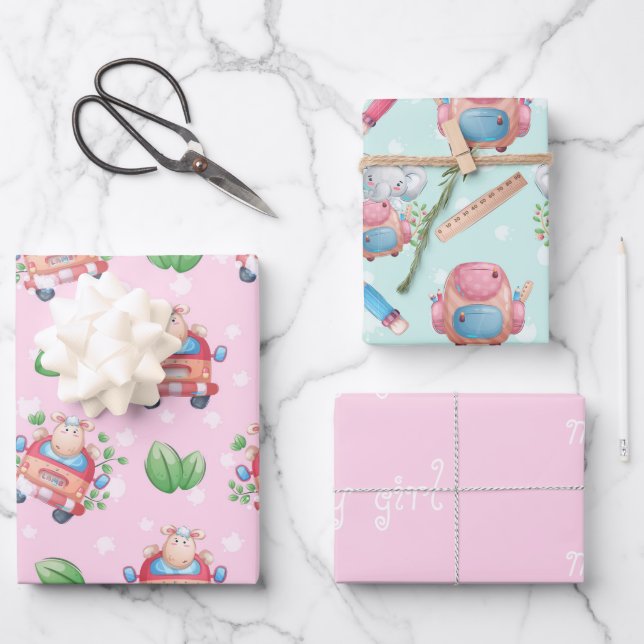 Baby Animals Pink for Girl  Wrapping Paper Sheet (Front)