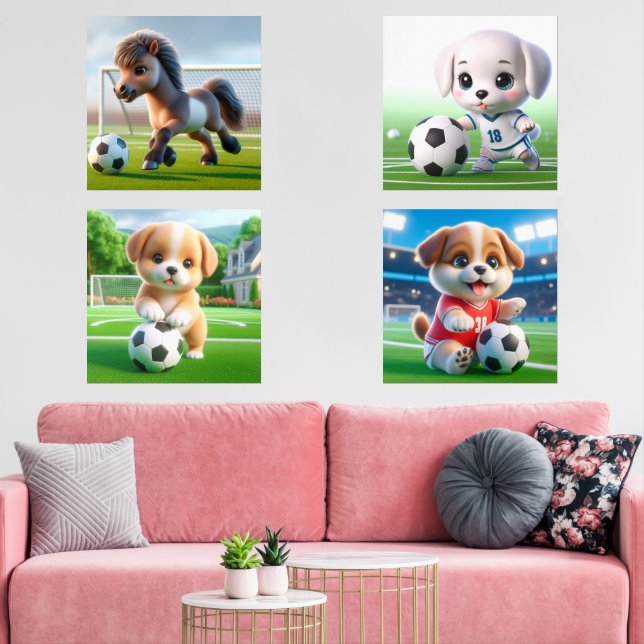 Baby Animals Playing Football Soccer Wall Art Set (Livingroom)