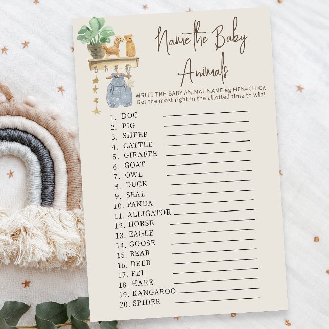 Baby Animals Quiz Boho Baby Nursery Shower Game (Name the Baby Animals Baby Shower game - from my Boho Baby Nursery Collection)