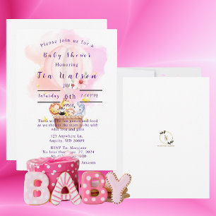 Baby Animals Safari In Pink Hot Air Balloon Invitation