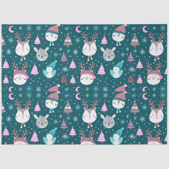 Baby Animals Snowflakes Crescent Moon Christmas Tissue Paper (Front)
