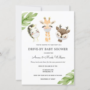 Baby Animals with Masks Drive by Baby Shower Invitation
