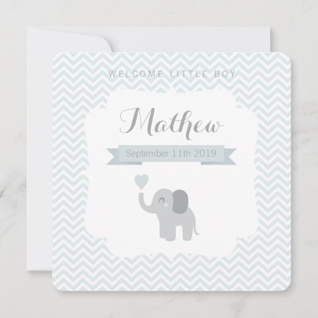 Baby Announcement Boy Elephant Chevron Heart (Front)