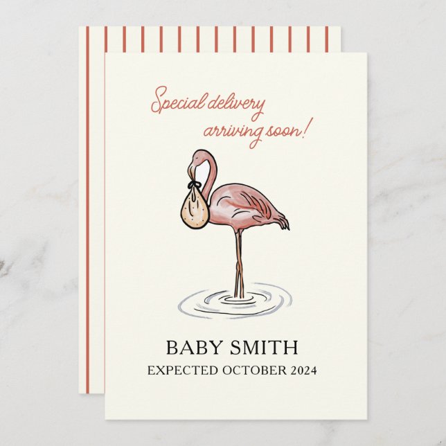 Baby announcement featuring watercolor flamingo  (Front/Back)