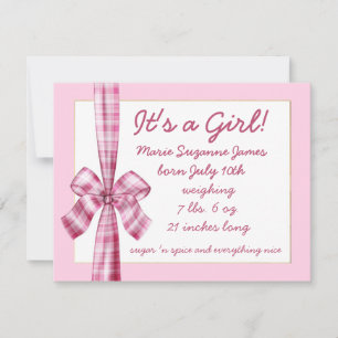 Baby Announcement for girl photo retro pink bow