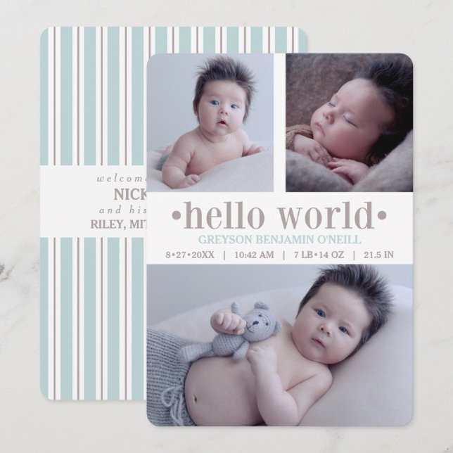 Baby Announcement Hello World Taupe/Aqua 3 Photo (Front/Back)