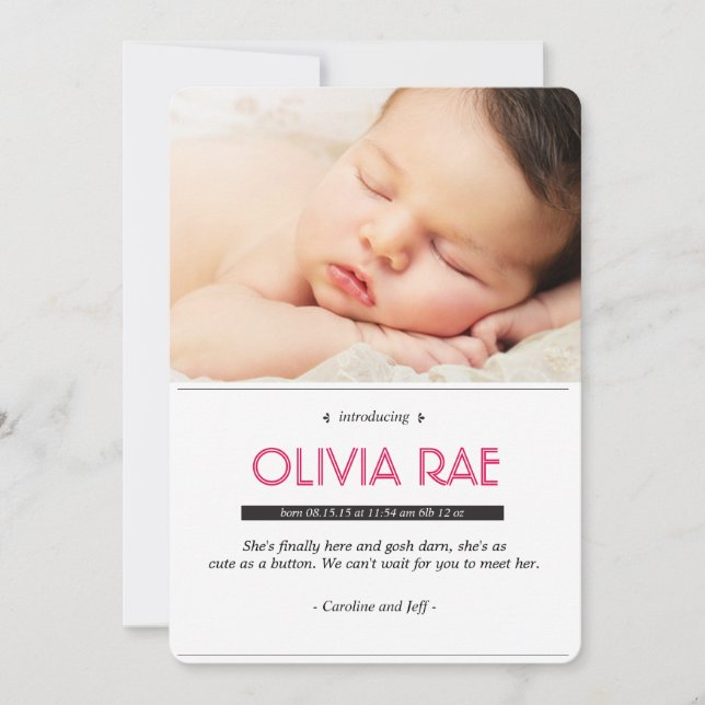 Baby Announcement in black, white and pink (Front)