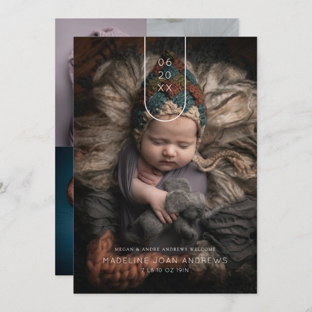 Baby Announcement Modern Arch Date Multi Photo (Front/Back)