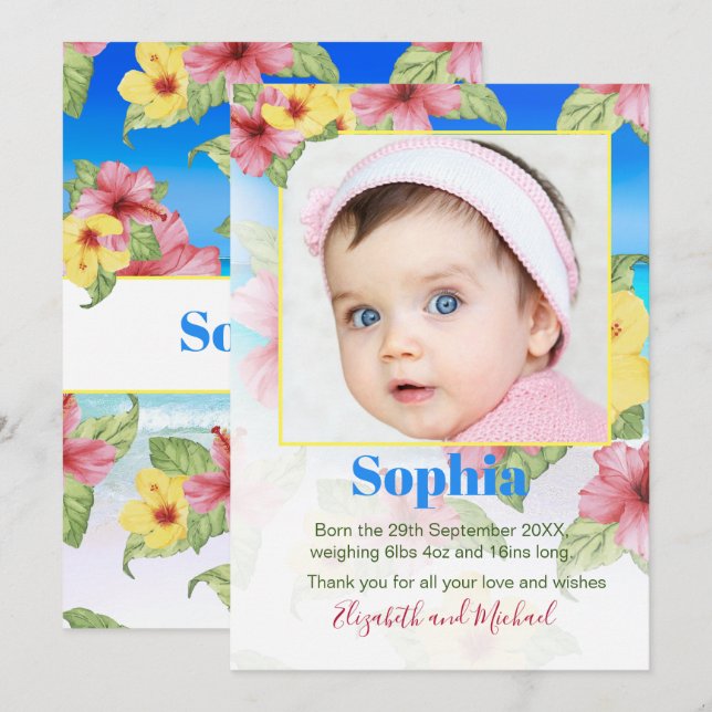 Baby Announcement Photo Tropical Floral Beach (Front/Back)