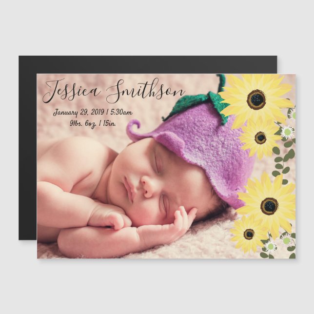 Baby Announcement Stats Sunflowers photo magnet (Front/Back)
