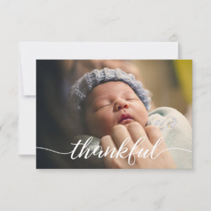 Baby Announcement, Thankful Script, white type Invitation