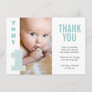 Baby Aqua Chevron 1st Birthday Thank You Photo