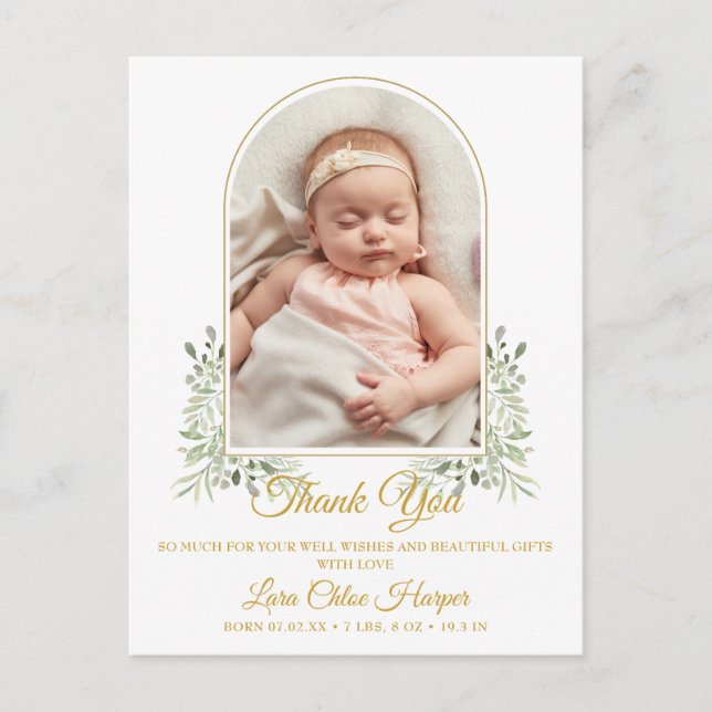 Baby Arch Photo Greenery Gold Thank You Birth  Announcement Postcard (Front)
