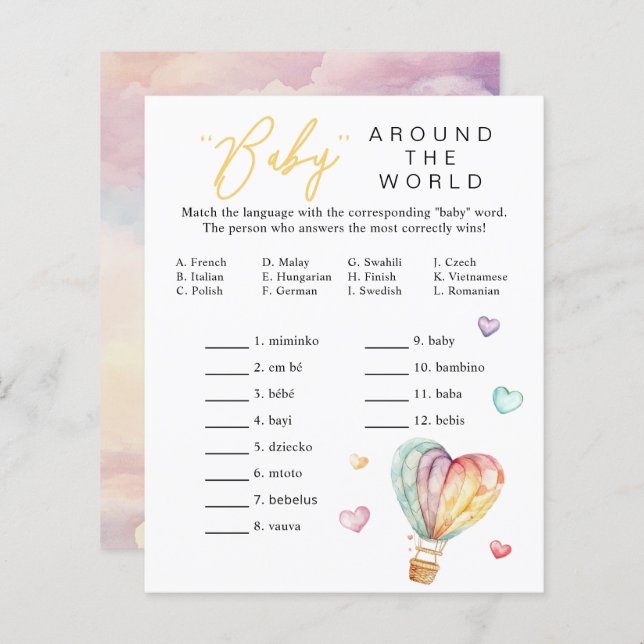 Baby Around the World Shower Game Sheet (Front/Back)