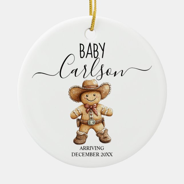 Baby Arriving Gingerbread Cowboy Keepsake Ceramic Tree Decoration (Front)