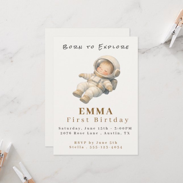 Baby Astronaut First Birthday Flat Invitation Card (Front/Back In Situ)