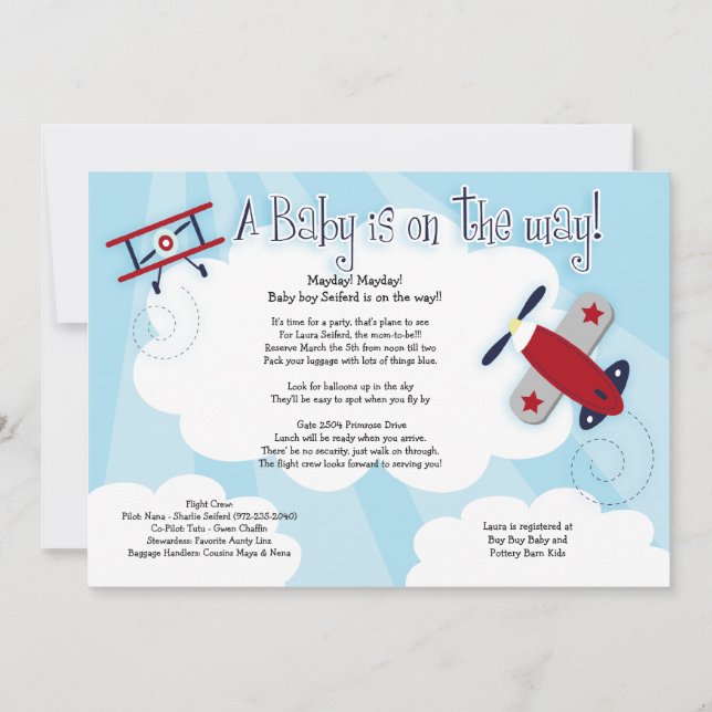 BABY AVIATOR Aeroplane 5x7 Baby Shower Invitation (Front)