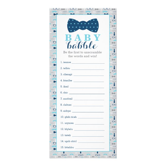 Baby Babble Game, Bow Tie Baby Shower Rack Card (Front)
