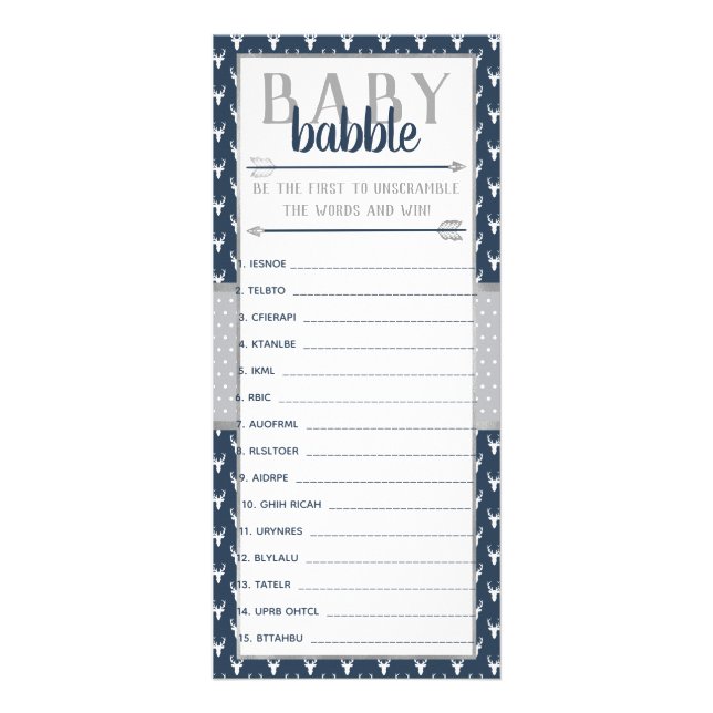 Baby Babble Word Scramble, Baby Shower, Navy, Grey Rack Card (Front)