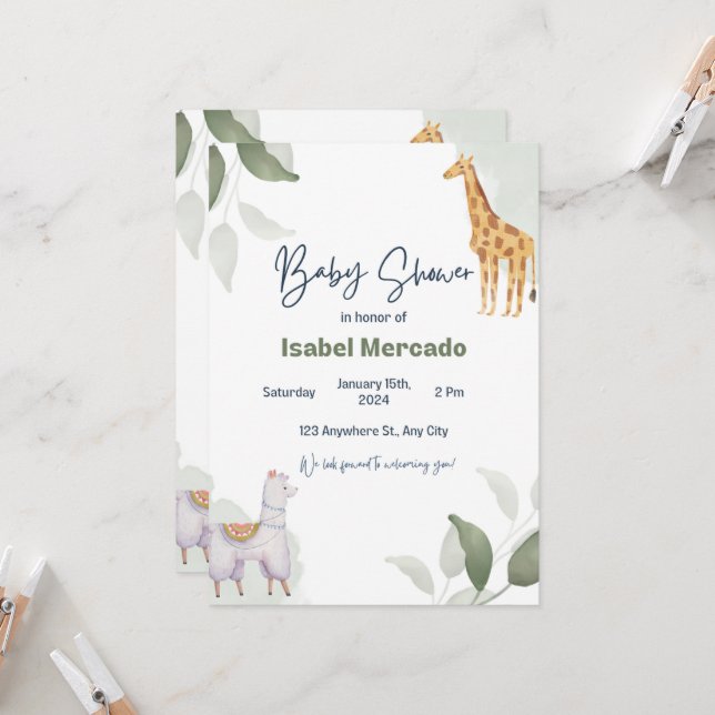  Baby Baby Shower Invitation - Safari Animals (Front/Back In Situ)