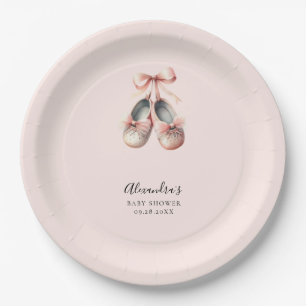 Baby Ballerina Shoes Pink Bow Gold Girl Shower Paper Plate