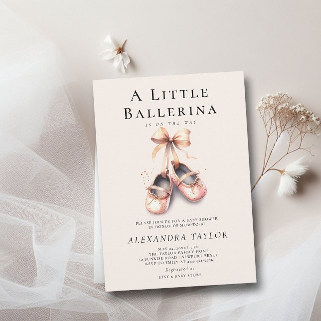 Baby Ballerina Shoes Pink Gold Ribbons Girl Shower Invitation (little ballerina baby girl shower invitation pink blush gold ballet shoes watercolor cute girly)