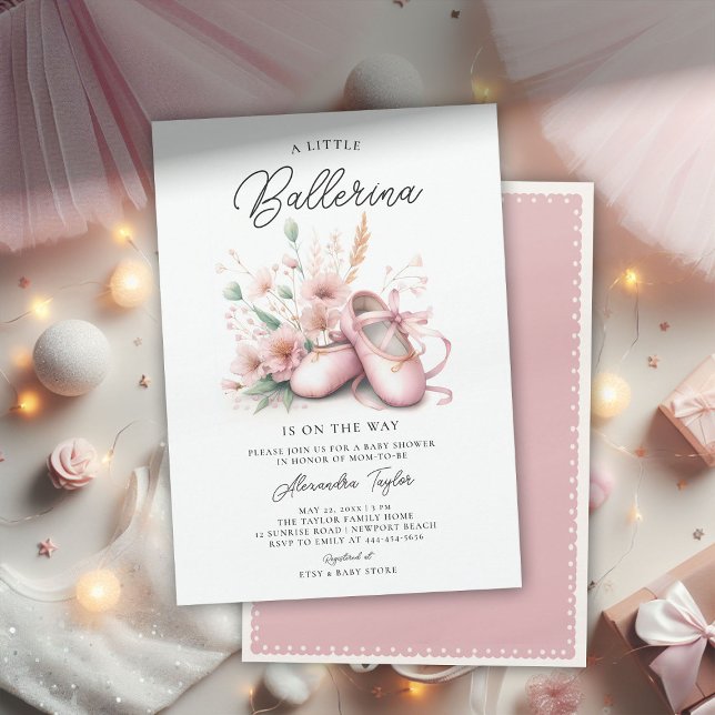 Baby Ballerina Shoes Wildflowers Cute Girl Shower Invitation (ballerina baby shower invitation ballet shoes pink wildflowers ribbons satin elegant cute adorable)